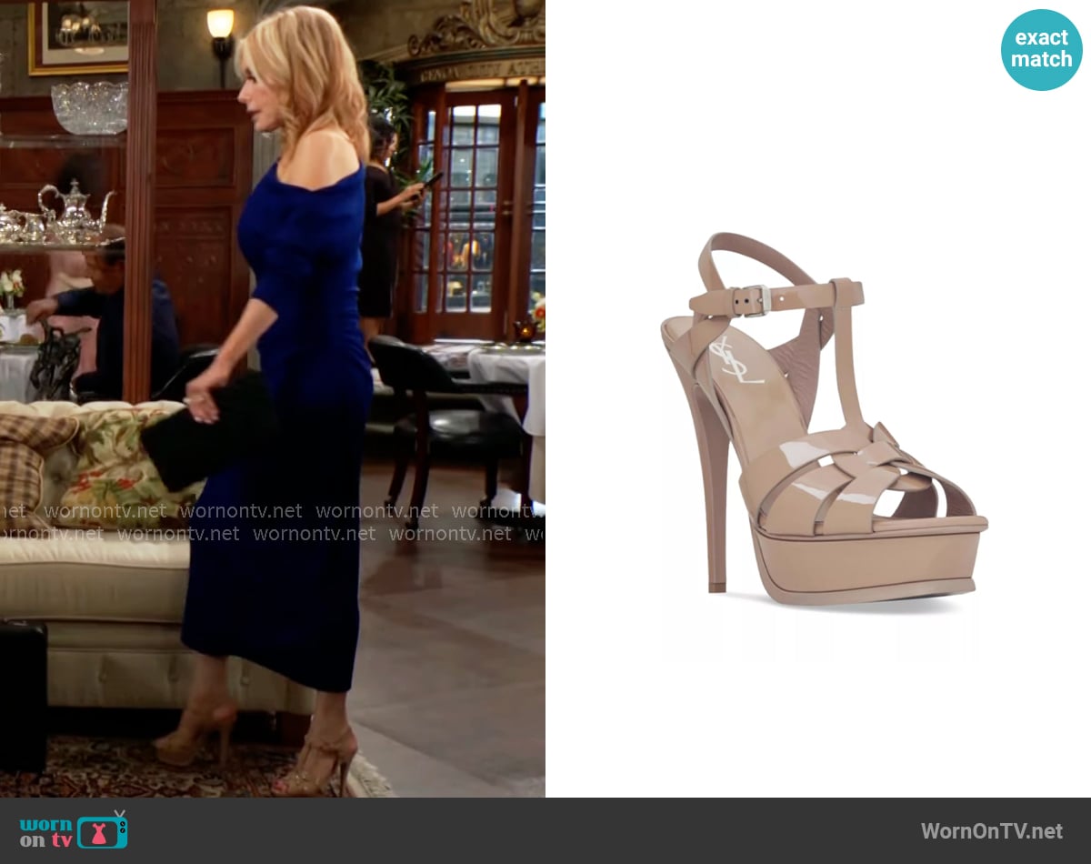 Saint Laurent Tribute Platform Sandals in Beige Patent worn by Lauren Fenmore (Tracey Bregman) on The Young and the Restless