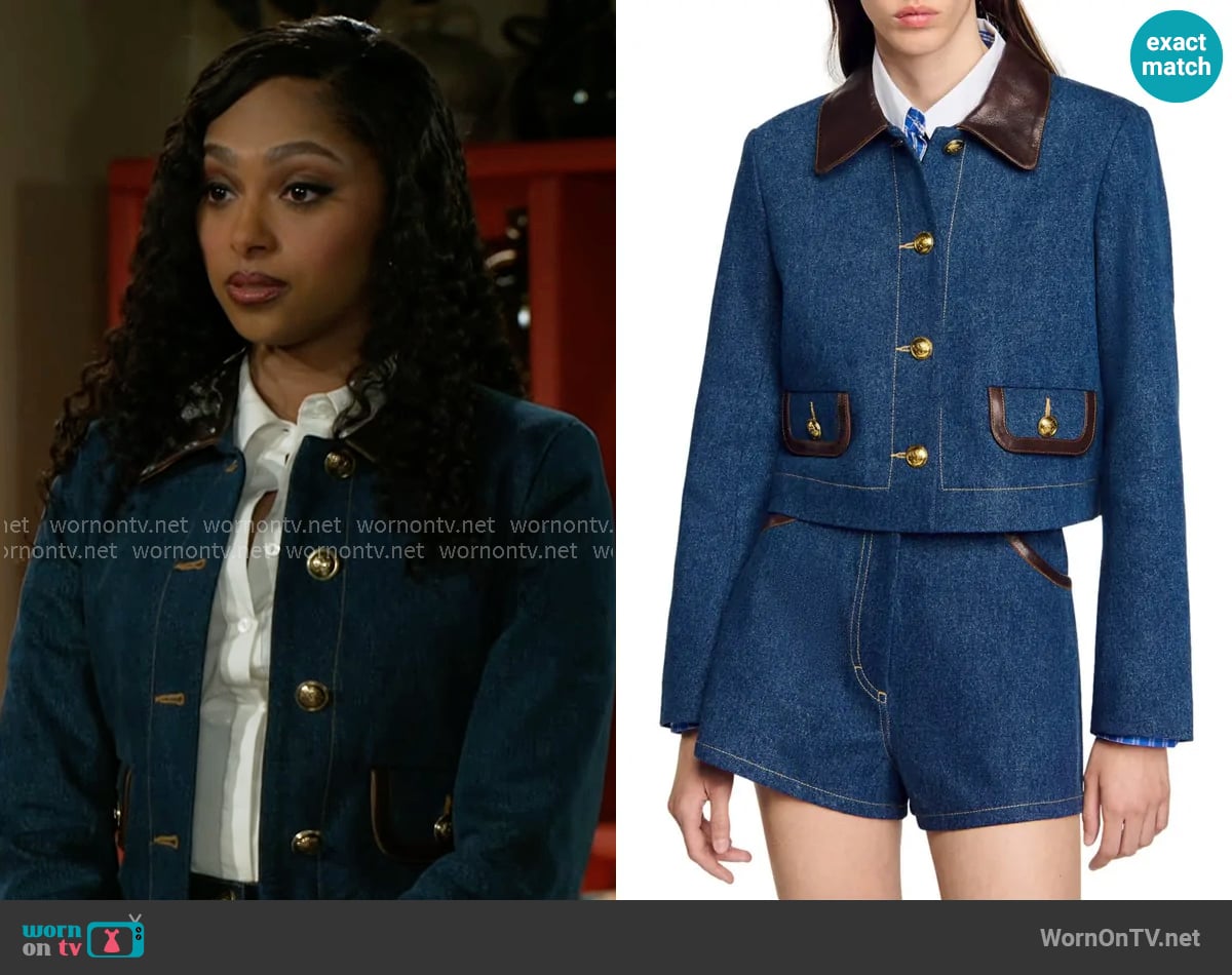 Sandro Denim jacket with leather collar worn by Kat Richardson (Colby Muhammad) on Beyond the Gates