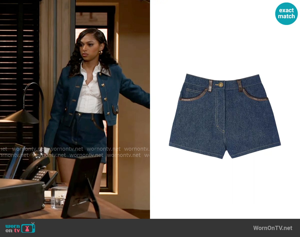 Sandro Denim Shorts with Leather Details worn by Kat Richardson (Colby Muhammad) on Beyond the Gates
