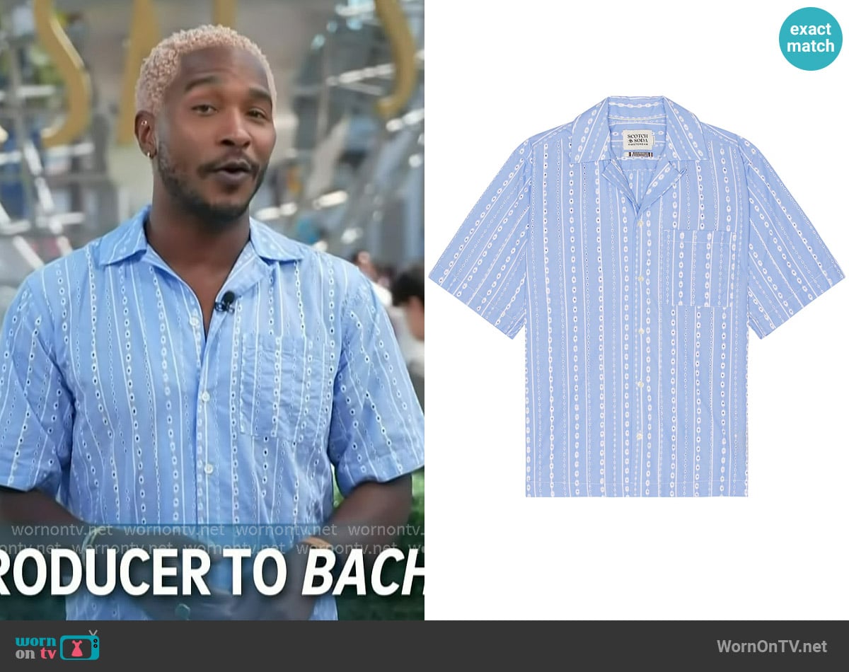 Scotch and Soda Striped Short Sleeve Shirt worn by Scott Evans on Access Hollywood