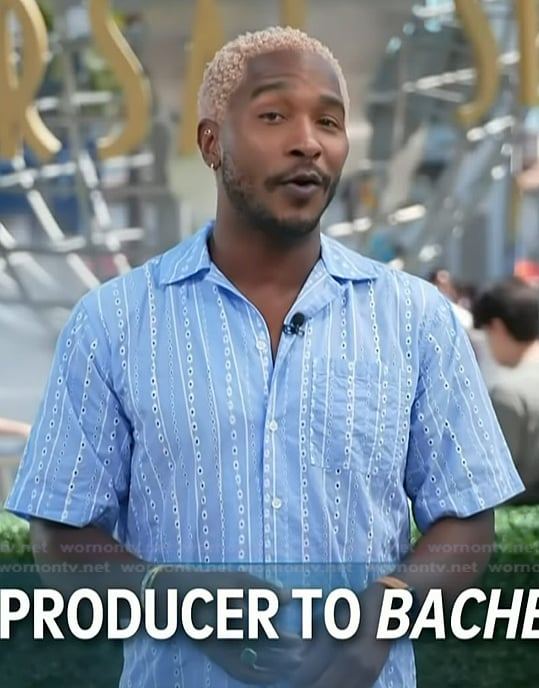 Scott’s blue printed shirt on Access Hollywood