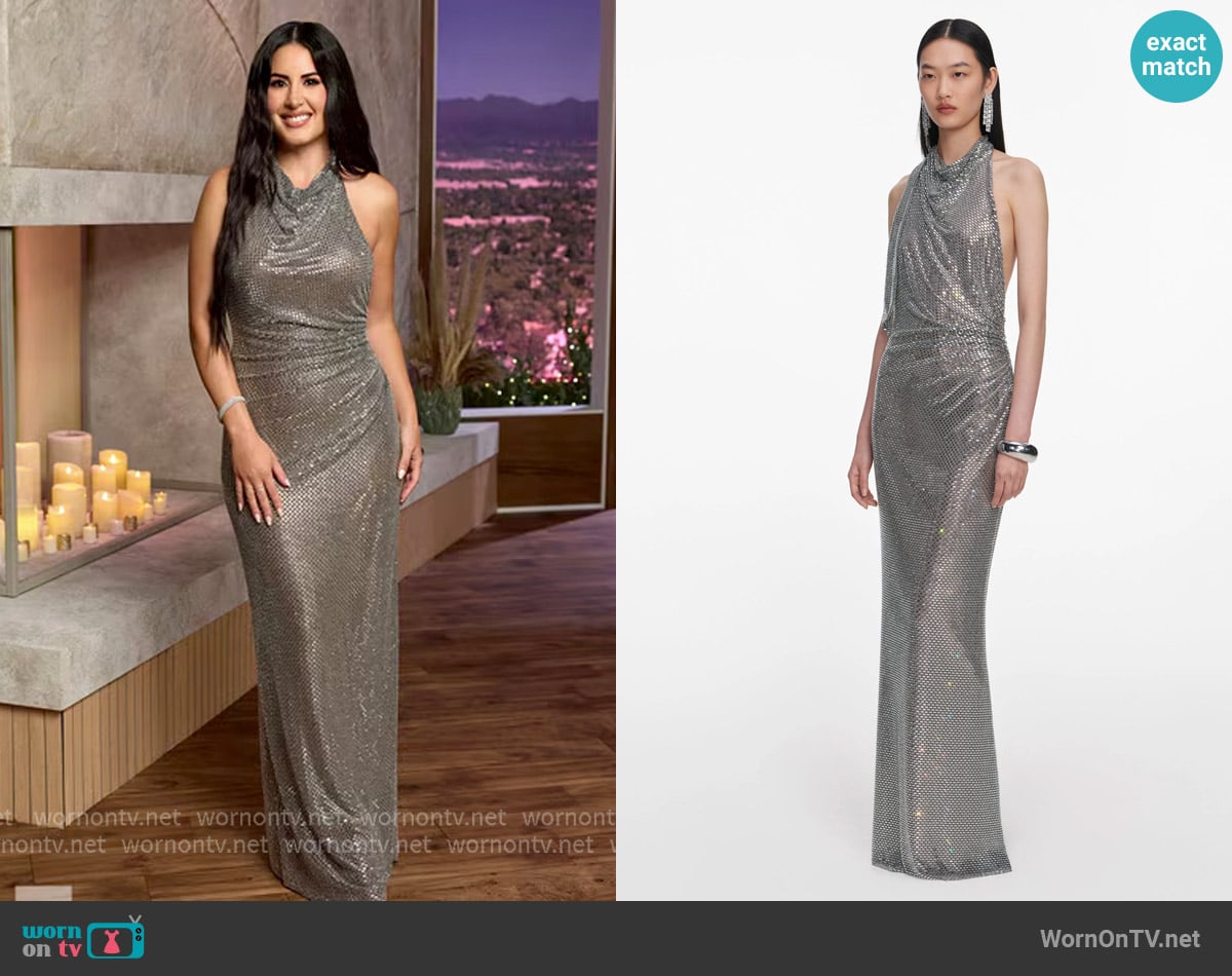 Self Portrait Grey Rhinestone Halter Maxi Dress worn by Michelle Saniei on The Valley Self Portrait Grey Rhinestone Halter Maxi Dress worn by Michelle Saniei on The Valley