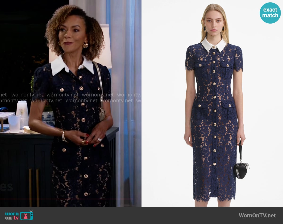 Self Portrait Navy Lace Contrast Collar Midi Dress worn by Anastasia Belleclaire (Timeca Seretti) on Beyond the Gates