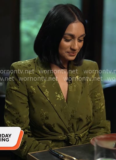 Shanelle Kaul's green floral tie waist blazer on CBS Mornings