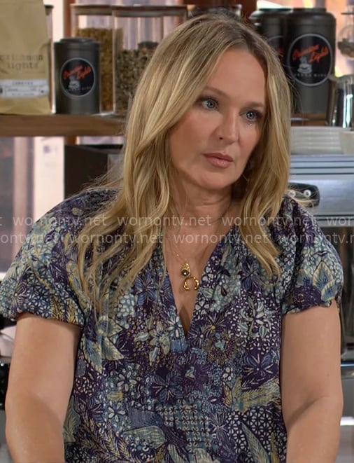 Sharon's blue printed top on The Young and the Restless
