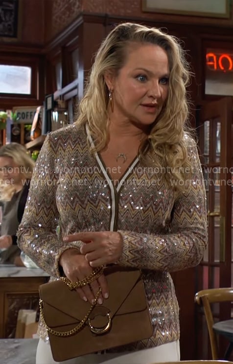 Sharon's sequin chevron cardigan on The Young and the Restless