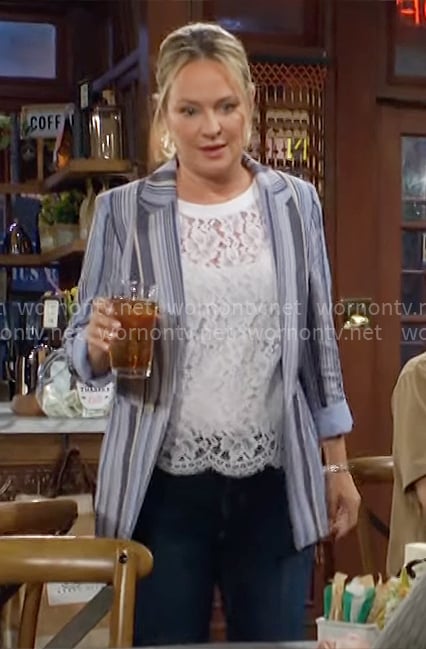 Sharon’s white lace top and blue striped blazer on The Young and the Restless