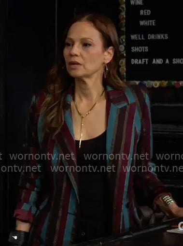 Sienna’s turquoise striped blazer on The Young and the Restless