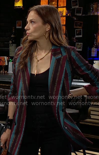 Sienna's turquoise striped blazer on The Young and the Restless Sienna's turquoise striped blazer on The Young and the Restless