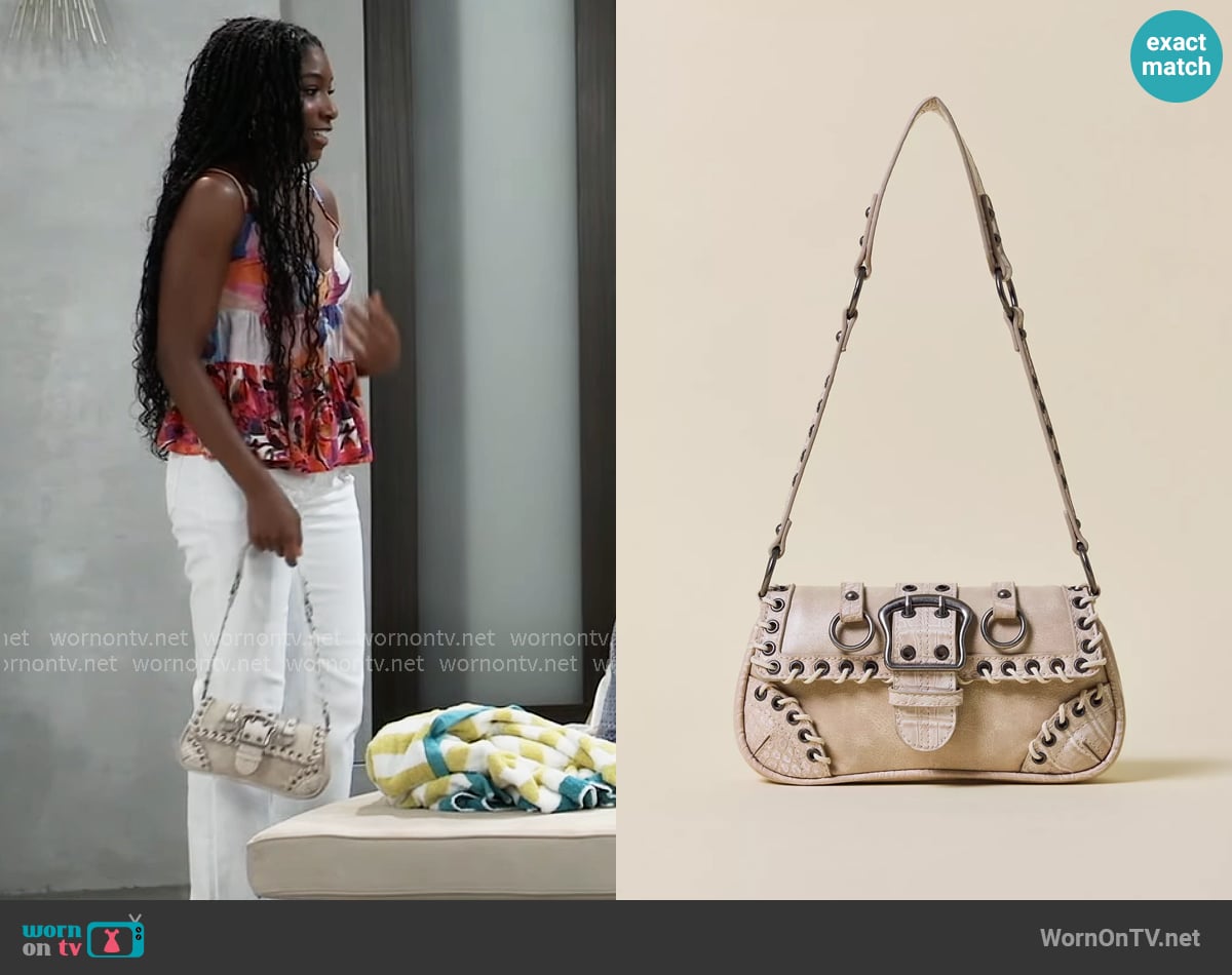 Silence + Noise at Urban Outiftters Jade Laced Rivet Bag in Ivory worn by Trina Robinson (Tabyana Ali) on General Hospital