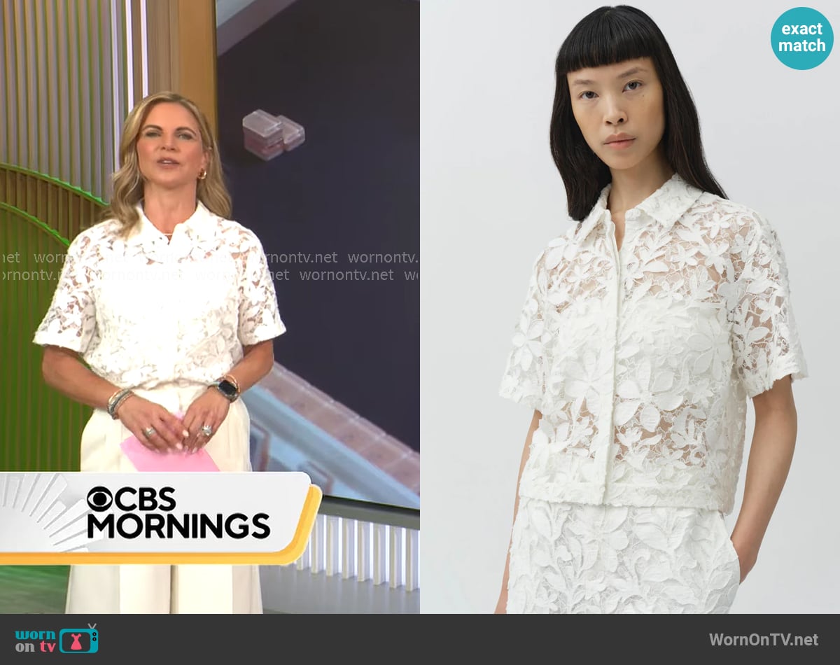 Simkhai Annaelle Cotton Lace Top worn by Natalie Morales on CBS Mornings