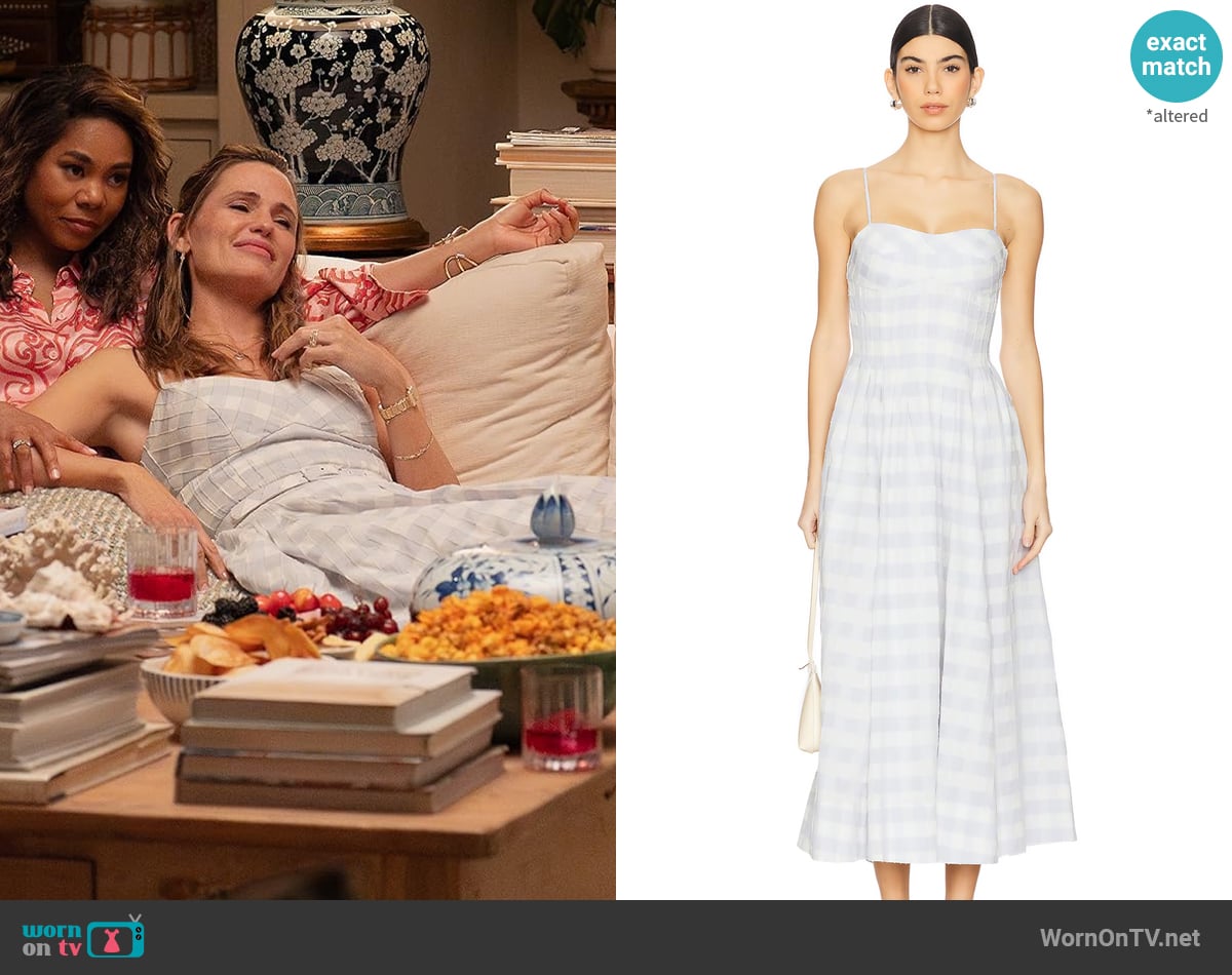 Simkhai Kittiya Dress in Periwinkle Sky Multi worn by Hollis Shaw (Jennifer Garner) on The Five Star Weekend