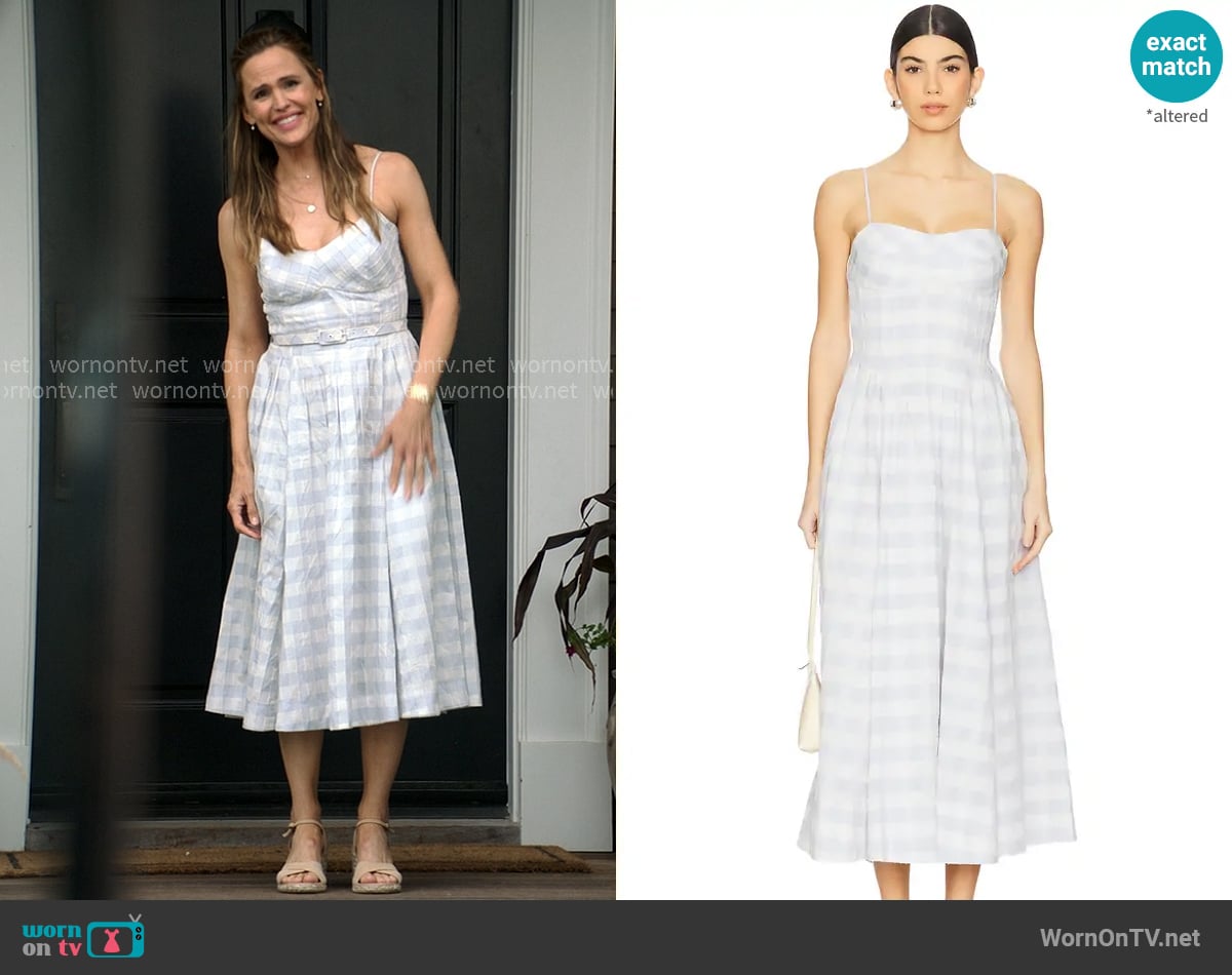 Simkhai Kittiya Dress in Periwinkle Sky Multi worn by Hollis Shaw (Jennifer Garner) on The Five Star Weekend