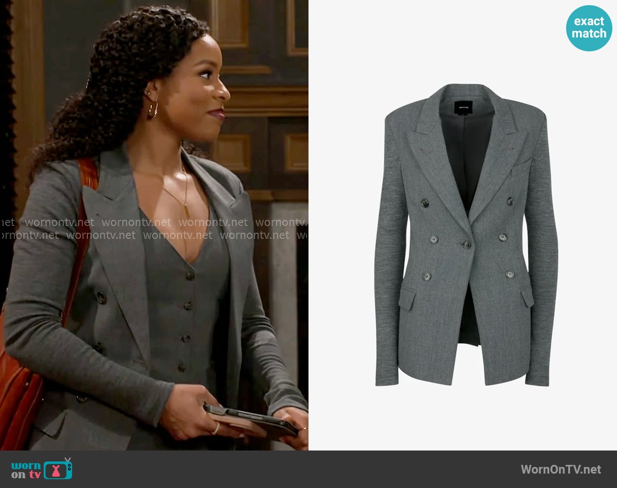 Smythe Not A DB Blazer With Jersey Sleeve in Charcoal Grey worn by Naomi Hamilton Hawthorne (Arielle Prepetit) on Beyond the Gates