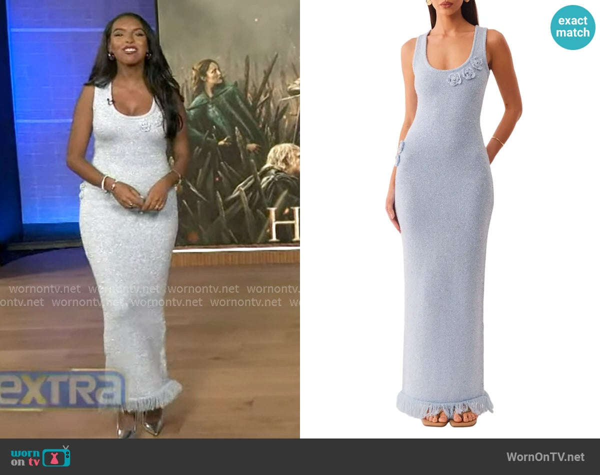 SNDYS Monroe Reversible Metallic Knit Maxi Sweater Dress worn by Mona Kosar Abdi on Extra