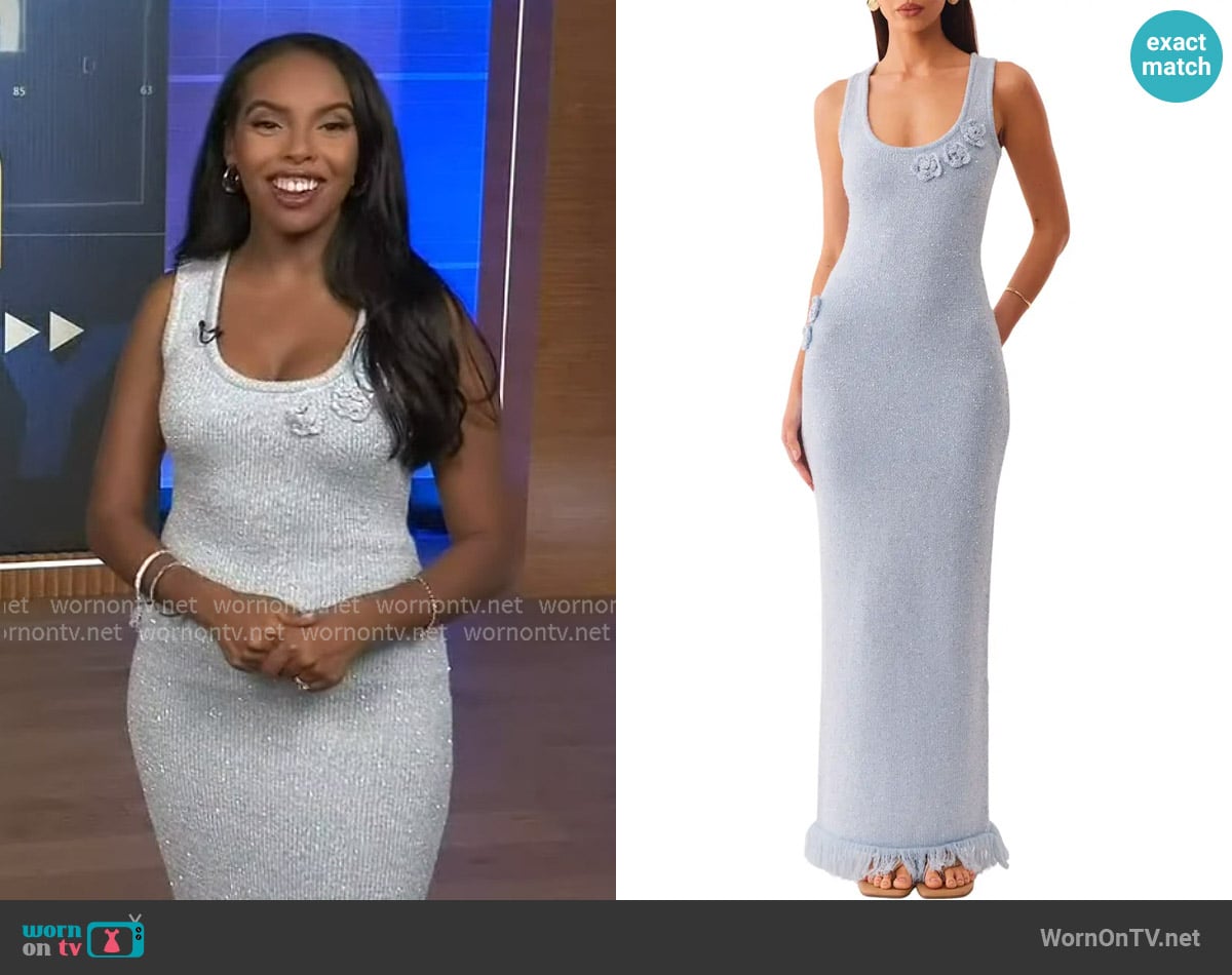 SNDYS Monroe Reversible Metallic Knit Maxi Sweater Dress worn by Mona Kosar Abdi on Extra