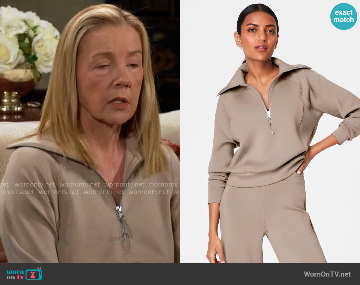 Spanx AirEssentials Half Zip Sweatshirt in Ashwood worn by Nikki Reed Newman (Melody Thomas-Scott) on The Young and the Restless