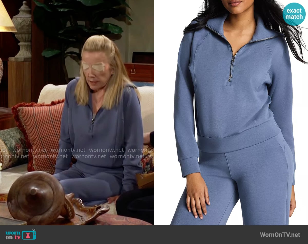 Spanx AirEssentials Half Zip Sweatshirt in Rain worn by Nikki Reed Newman (Melody Thomas-Scott) on The Young and the Restless