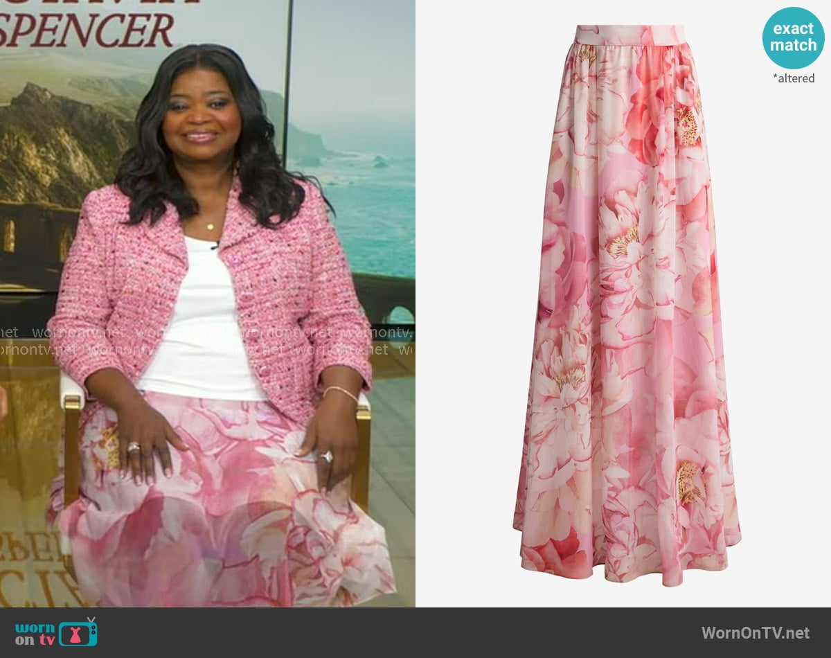St. John Bethany Skirt in Le Jardin Print Georgette worn by Octavia Spencer on Good Morning America