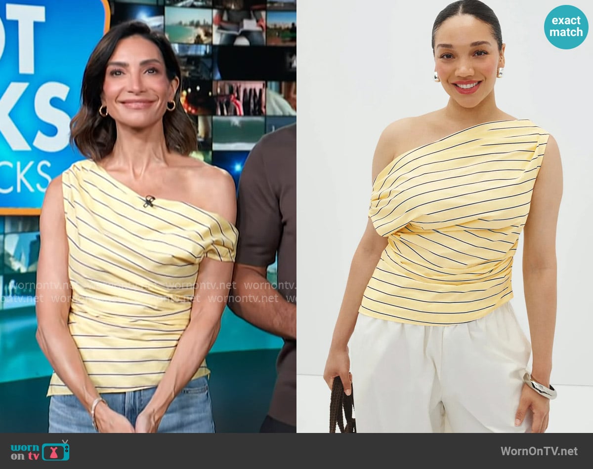 Staud Phare Off Shoulder Blouse worn by Courtney Lopez on Access Hollywood