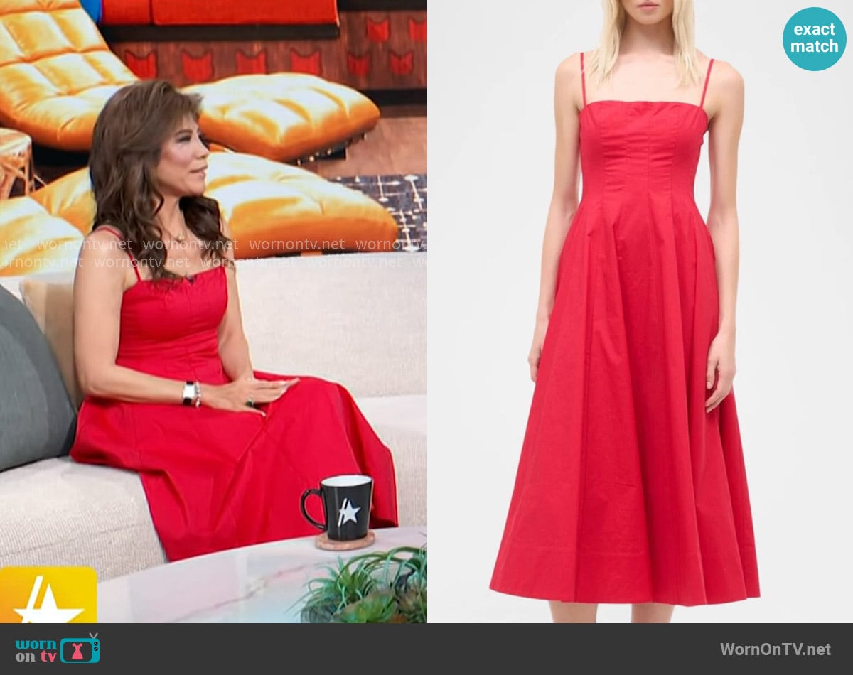 Staud Wylie Paneled Poplin Midi Dress in Cherry worn by Julie Chen Moonves on Access Hollywood