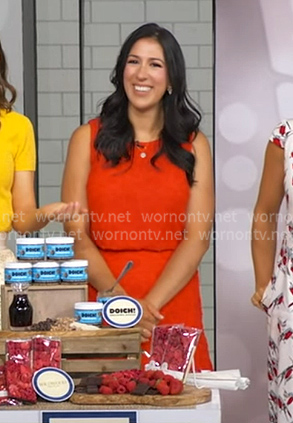 Stefani Sassos’s red embroidered top and mini skirt on Good Morning America