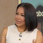 Stephanie’s white knit button front top on Good Morning America