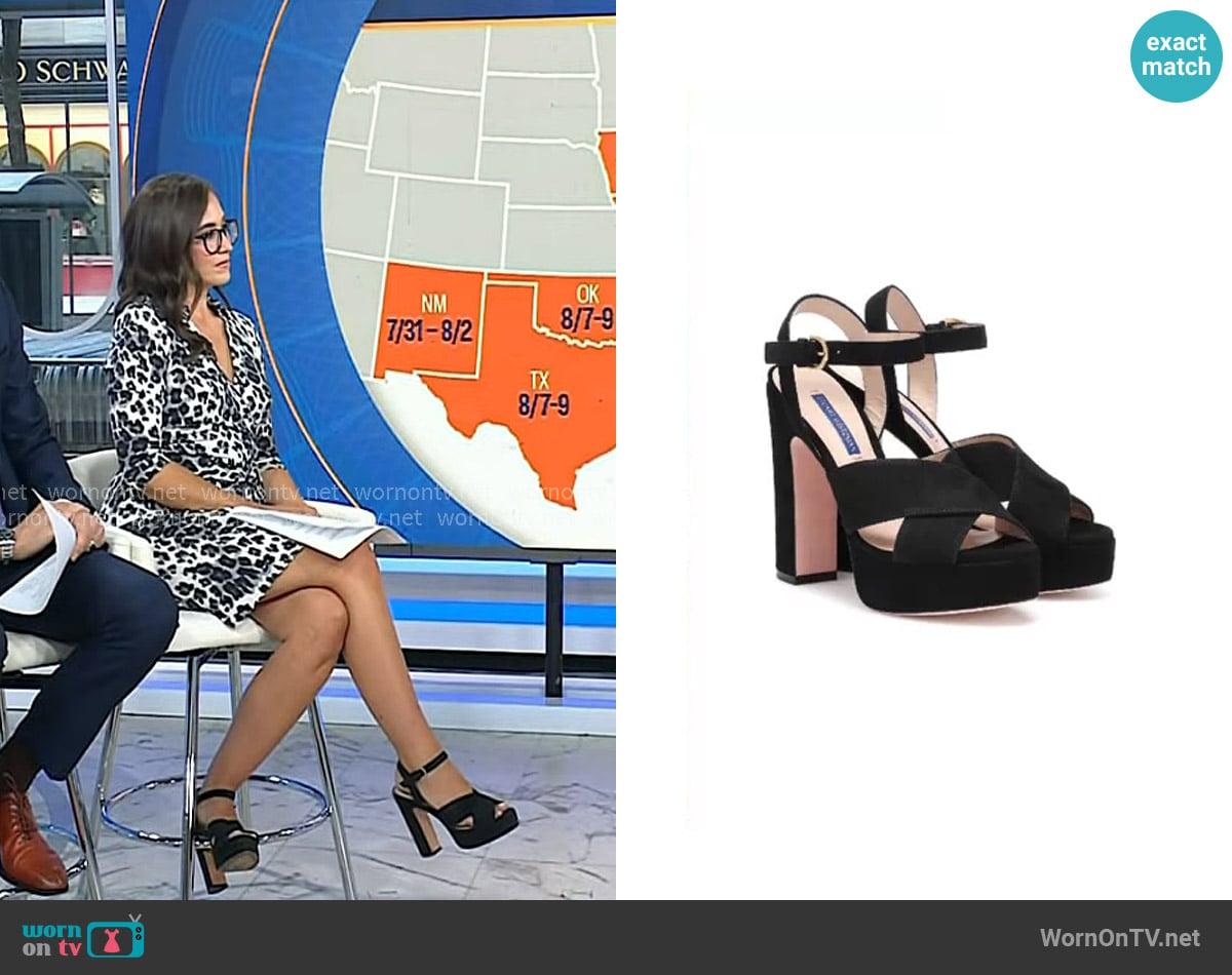 Stuart Weitzman Joni Suede Platform Sandals in Black worn by Savannah Sellers on Today
