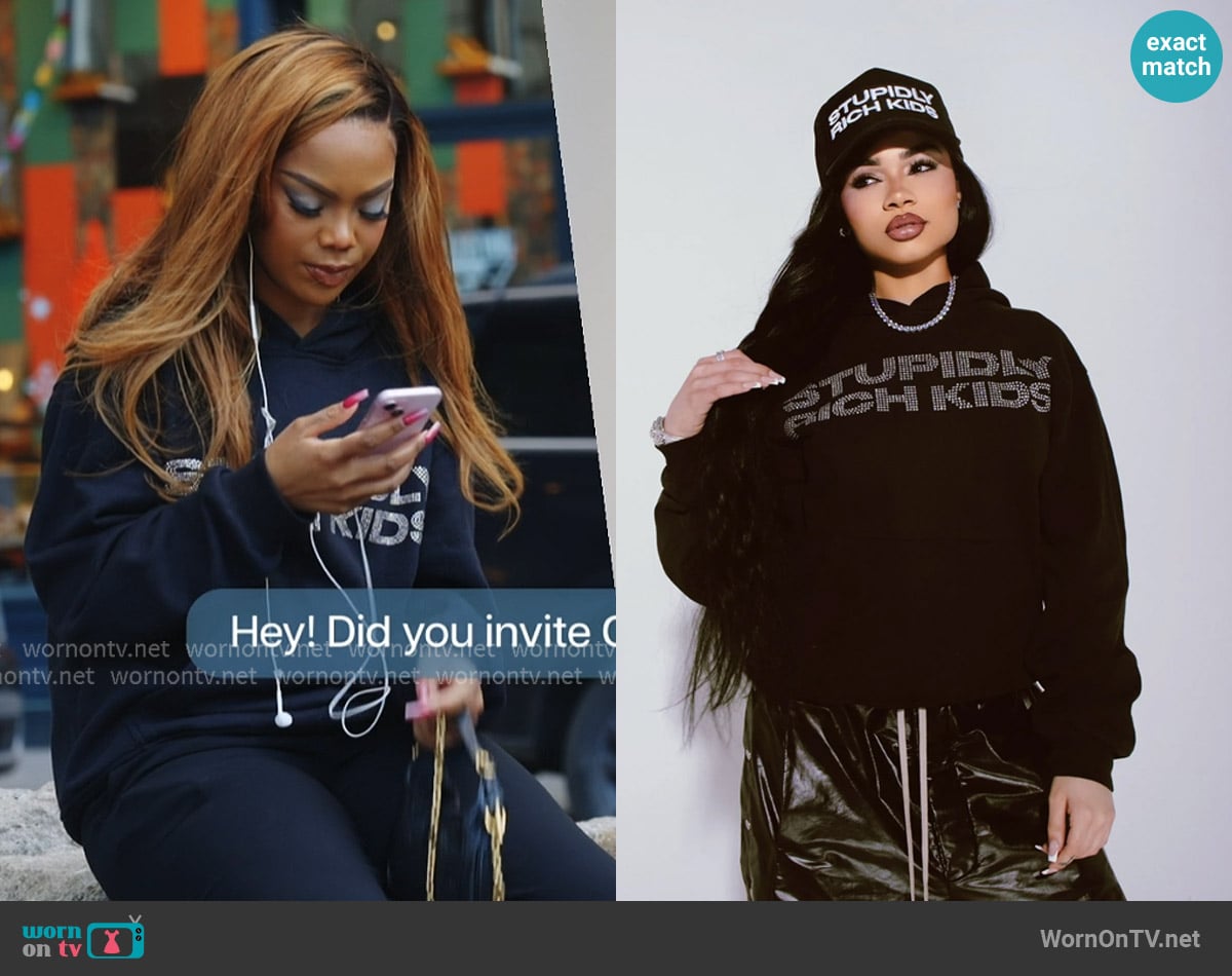Stupidly Rich Kids Signature Logo Swarovski Hoodie worn by Riley Burruss on Next Gen NYC
