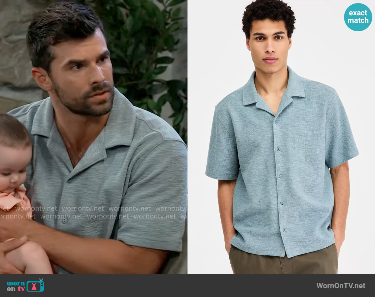 Sun + Stone Michael Textured Short-Sleeve Camp Shirt in Blue Hail worn by Harrison Chase (Josh Swickard) on General Hospital