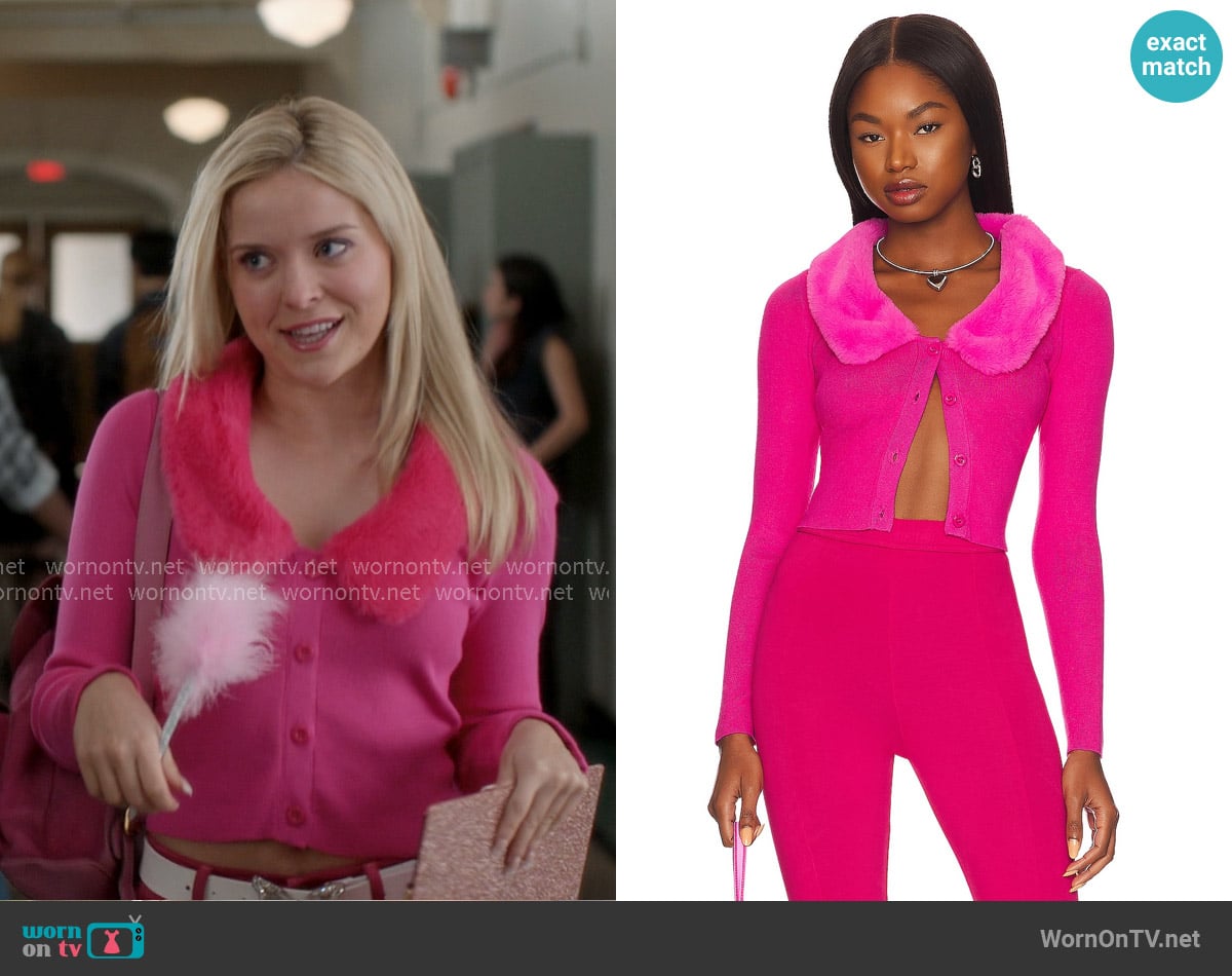 Superdown Milana Faux Fur Cardigan in Hot Pink worn by Elle Woods (Lexi Minetree) on Elle