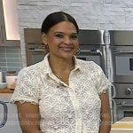 Suzanne Rousseau’s ivory floral embroidered shirt and pants on Today
