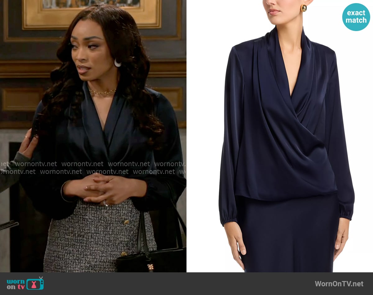 Madison’s navy wrap blouse on Beyond the Gates Madison’s navy wrap blouse on Beyond the Gates