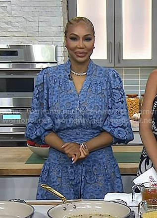 Tamar Braxton’s blue floral lace shirtdress on Today