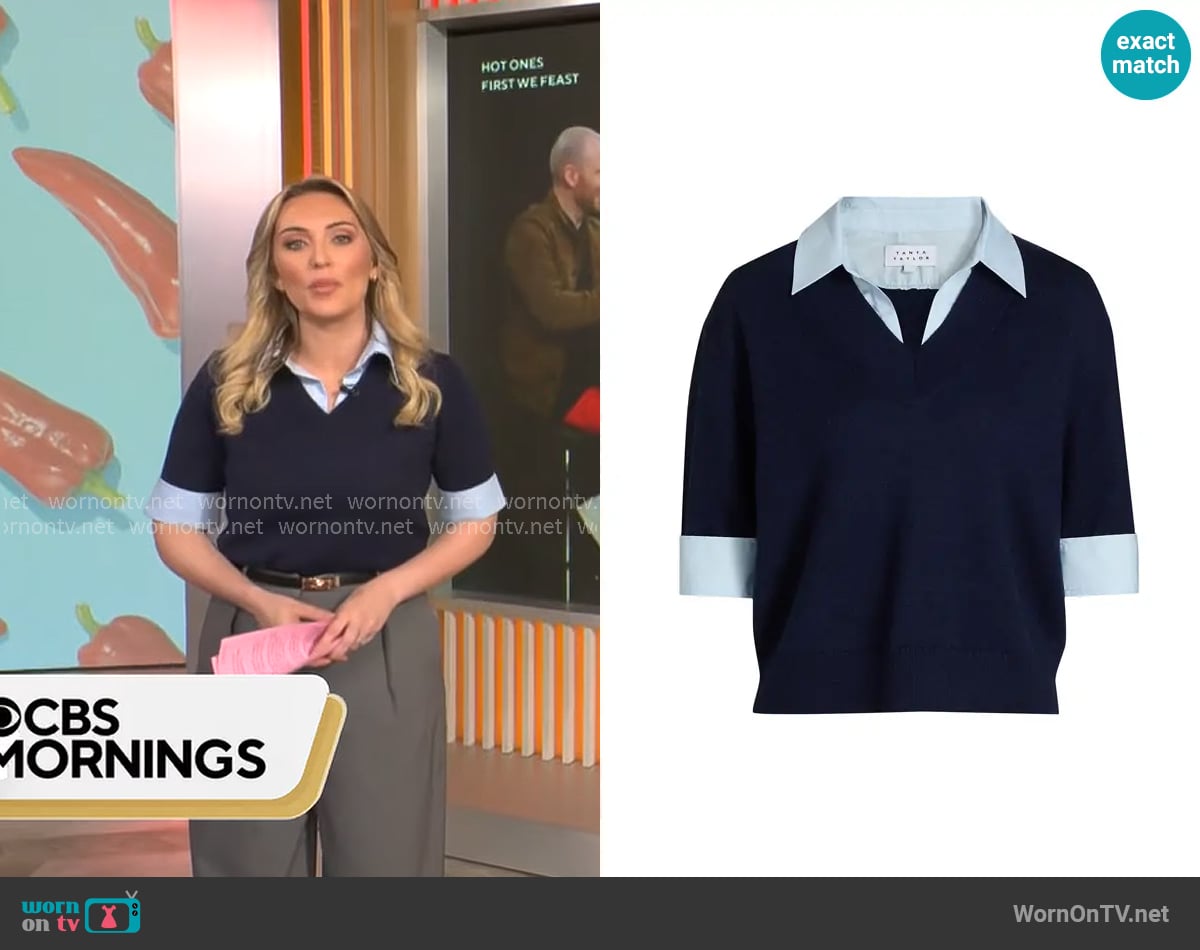 Tanya Taylor Esme Sweater Combo Top worn by Kelly O'Grady on CBS Mornings