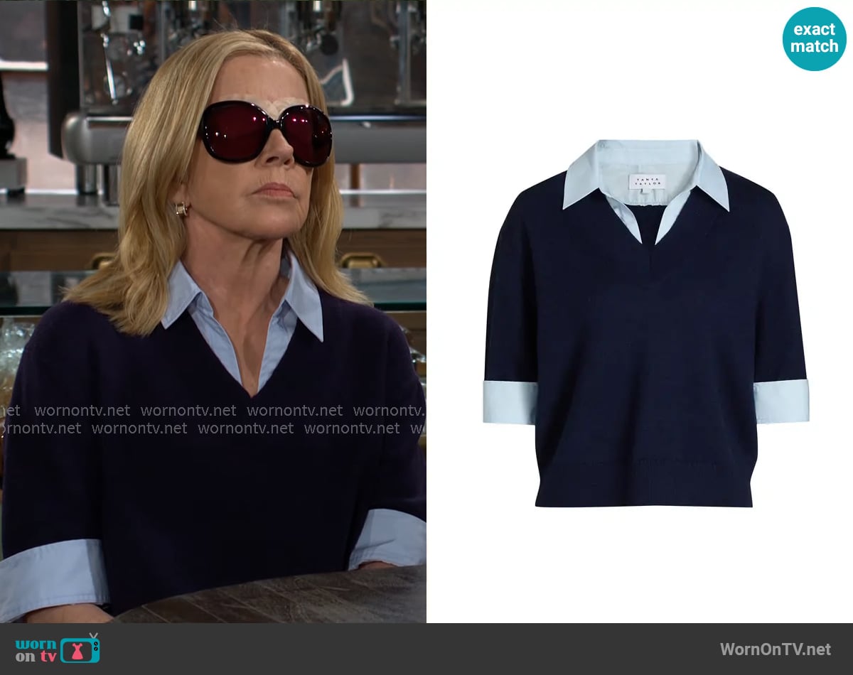 Nikki’s navy layered sweater on The Young and the Restless Nikki’s navy layered sweater on The Young and the Restless