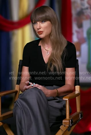 Taylor Swift’s black collared top and grey wide-leg pants on Good Morning America