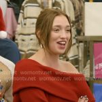 Tegan’s red off-shoulder sweater on The McBee Dynasty Real American Cowboys