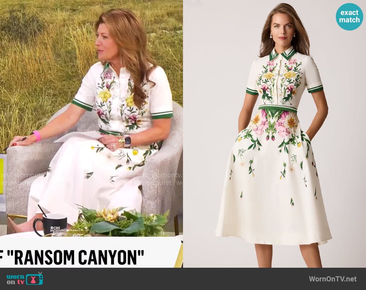 Teri Jon by Rickie Freeman Floral Cotton Midi Shirt Dress worn by Norah O'Donnell on CBS Mornings