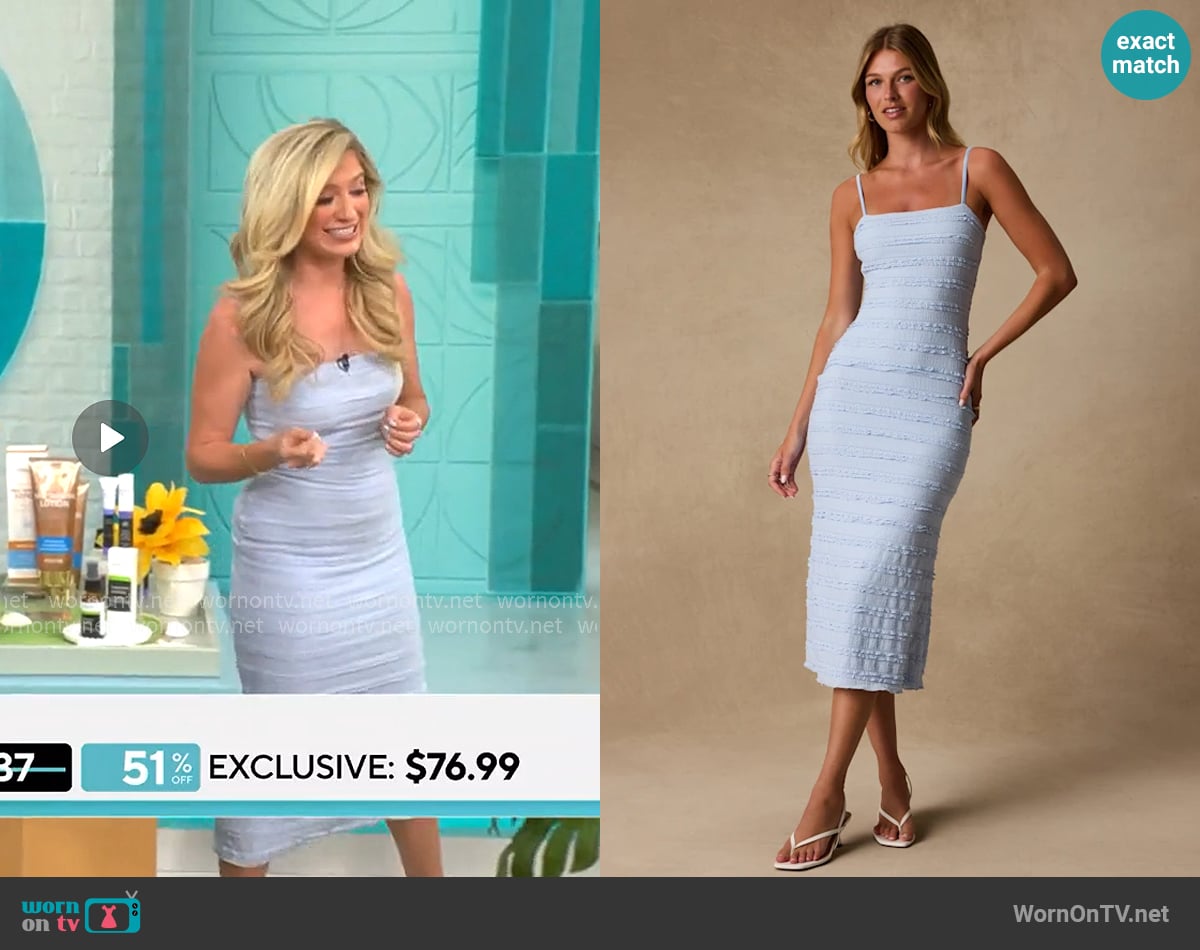 Lulus Avia Light Blue Textured Ruffled Midi Dress worn by Ashley Bellman on CBS Mornings