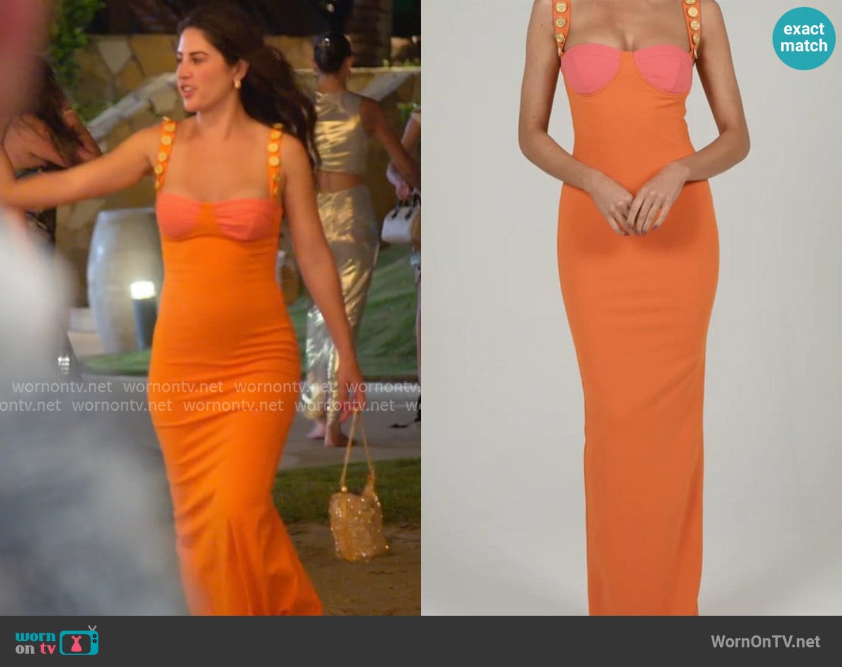 The Dolls House Orange and Pink Dress worn by Michelle Saniei on The Valley
