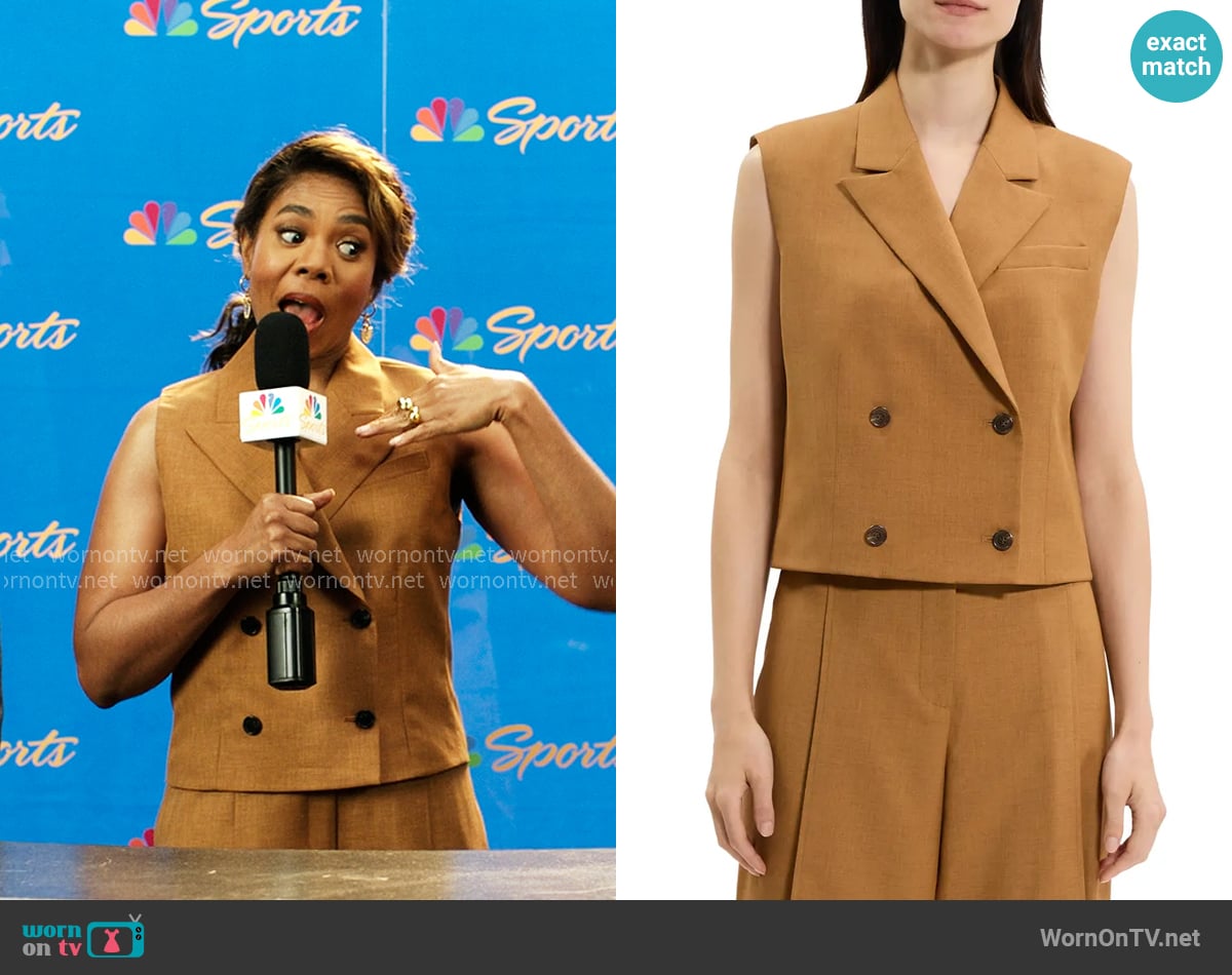 Theory Double Breasted Crop Vest in Copper worn by  Dru-Ann Jones (Regina Hall) on The Five Star Weekend