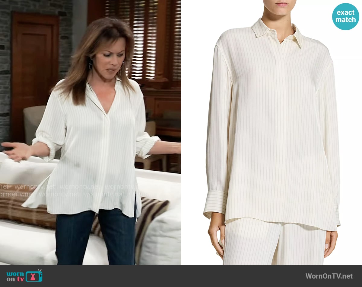 Theory Hi Low Flou Shirt in Rice Multi worn by Alexis Davis (Nancy Lee Grahn) on General Hospital