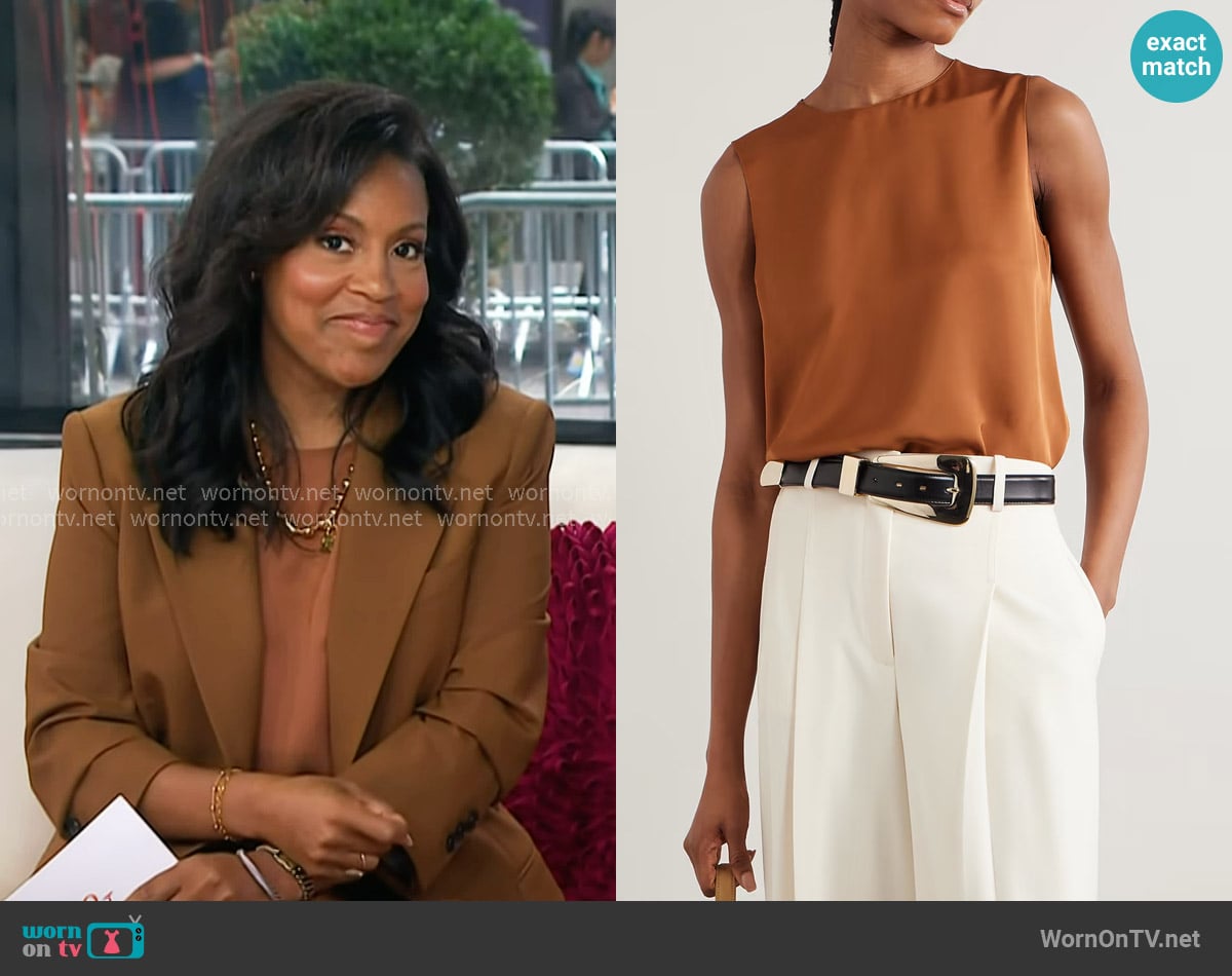 Theory Silk-satin Top in bright cognac worn by Sheinelle Jones on Today