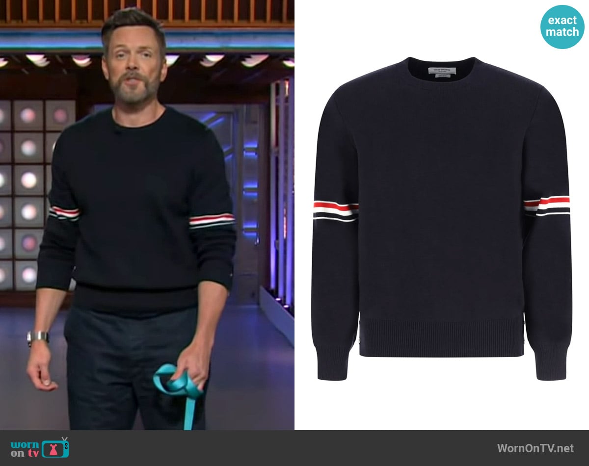 Thom Browne Milano stitch crew neck jumper worn by Joel McHale on The Kelly Clarkson Show