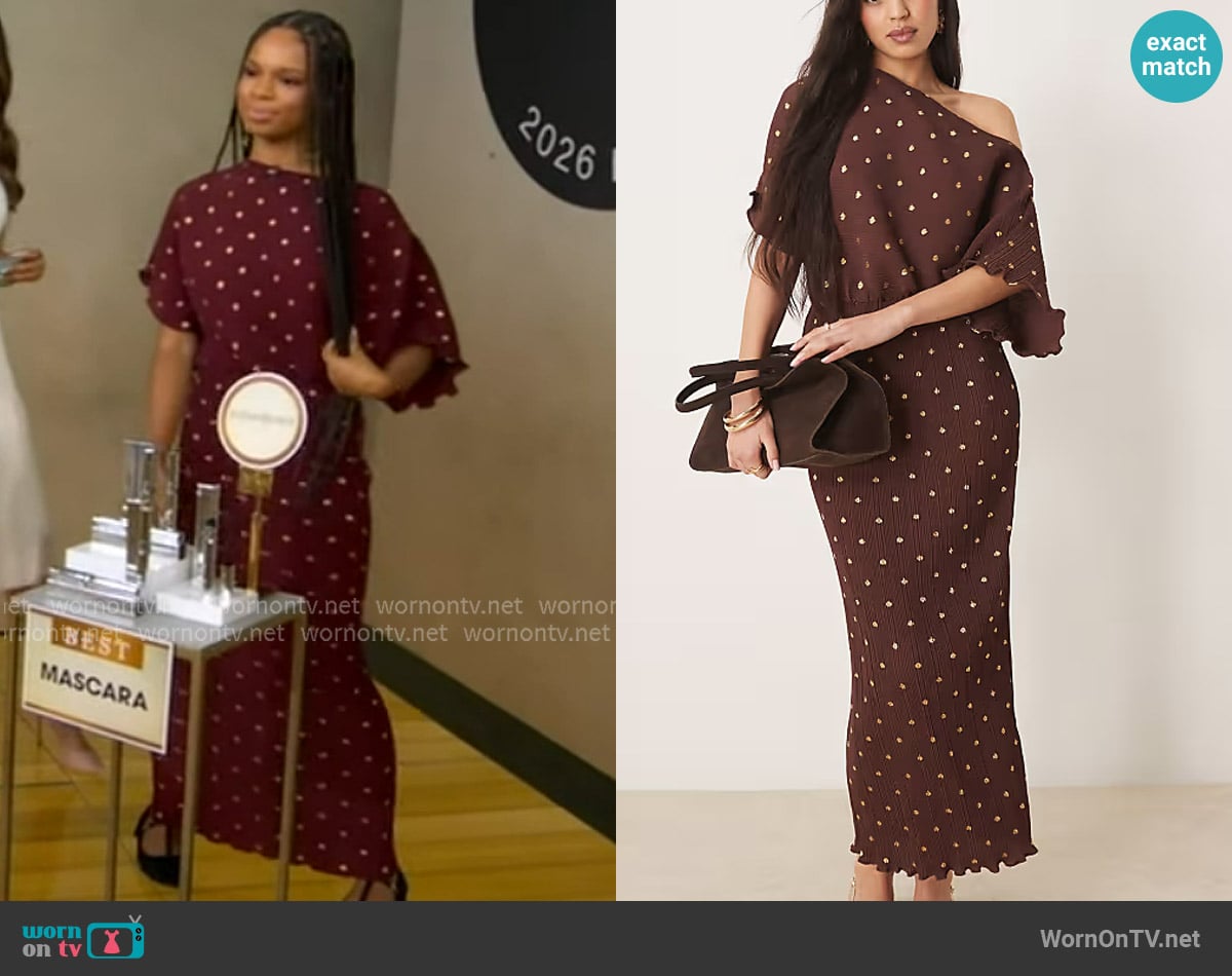 Tilly off shoulder midaxi dress in chocolate worn by Olivia Hancock on Good Morning America
