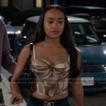 Tori’s abstract print top and ruffled shorts on All American