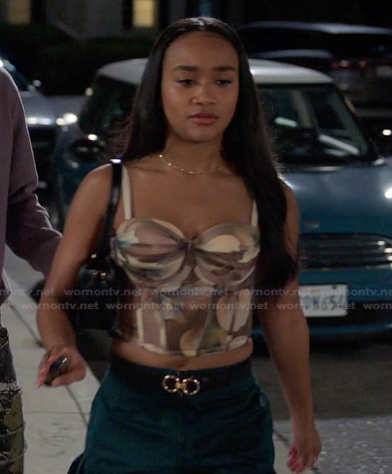Tori's abstract print top and ruffled shorts on All American