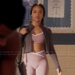 Tori’s purple sports bra and biker shorts on All American
