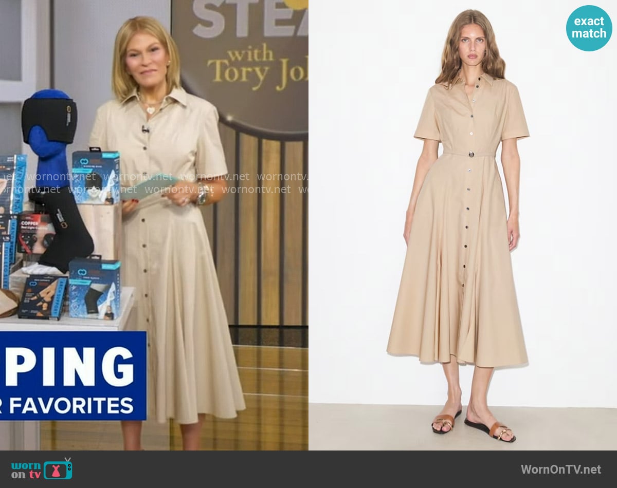 Tory Burch Cotton Shirtdress in pale sand worn by Tory Johnson on Good Morning America